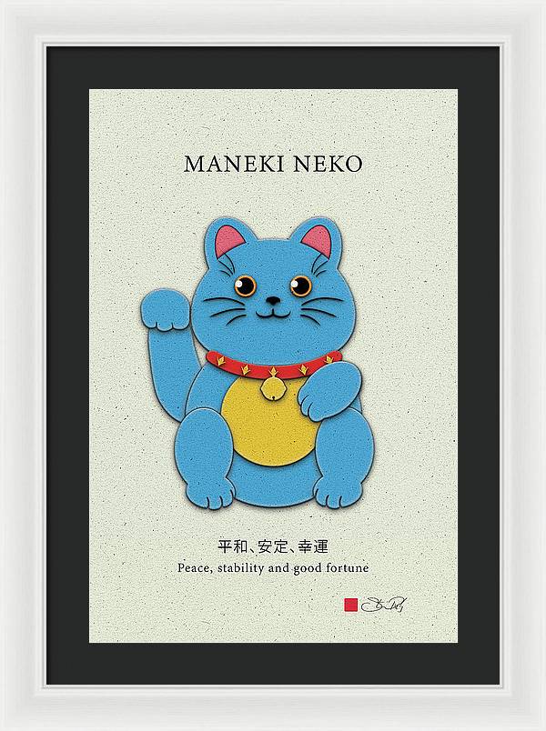 Blue Maneki-Neko Bringing Peace, Stability, and Good Fortune - Framed Print