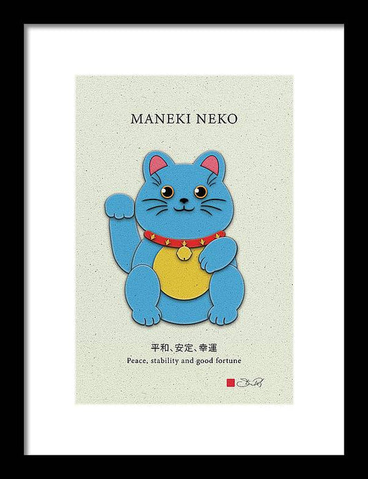 Blue Maneki-Neko Bringing Peace, Stability, and Good Fortune - Framed Print