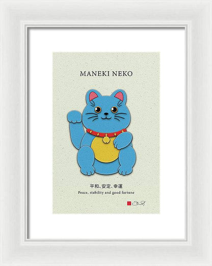 Blue Maneki-Neko Bringing Peace, Stability, and Good Fortune - Framed Print