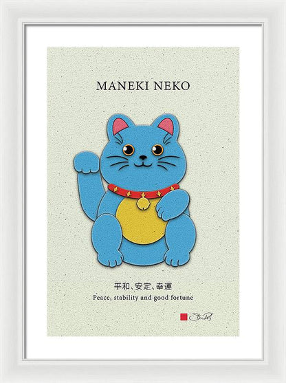 Blue Maneki-Neko Bringing Peace, Stability, and Good Fortune - Framed Print