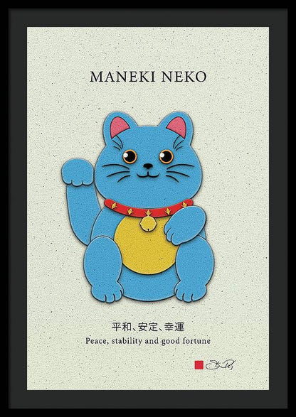 Blue Maneki-Neko Bringing Peace, Stability, and Good Fortune - Framed Print