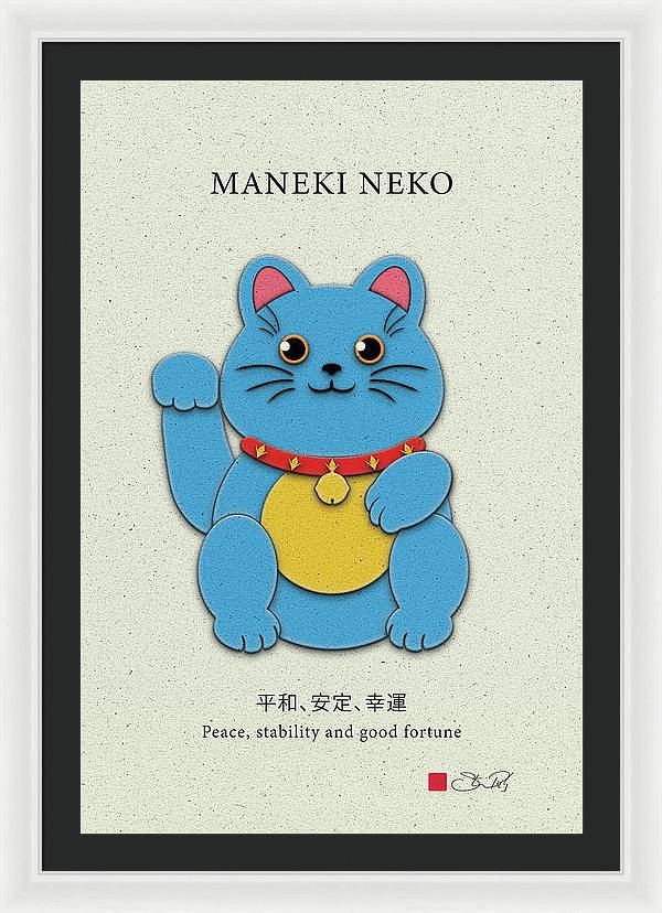 Blue Maneki-Neko Bringing Peace, Stability, and Good Fortune - Framed Print