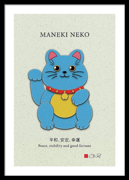 Blue Maneki-Neko Bringing Peace, Stability, and Good Fortune - Framed Print