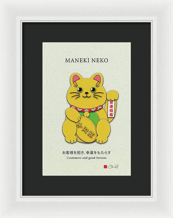 Gold Left Paw Maneki-Neko Attracting Customers and Opportunities - Framed Print