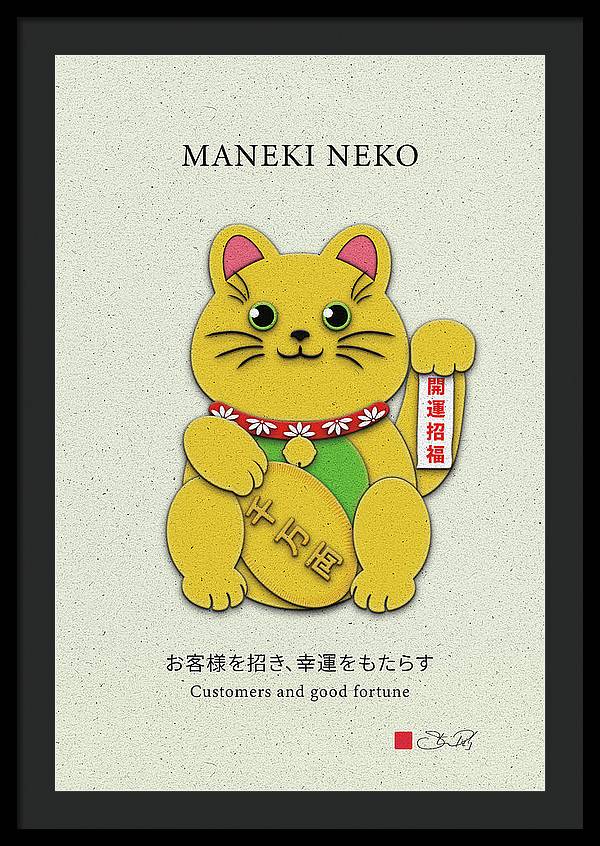 Gold Left Paw Maneki-Neko Attracting Customers and Opportunities - Framed Print