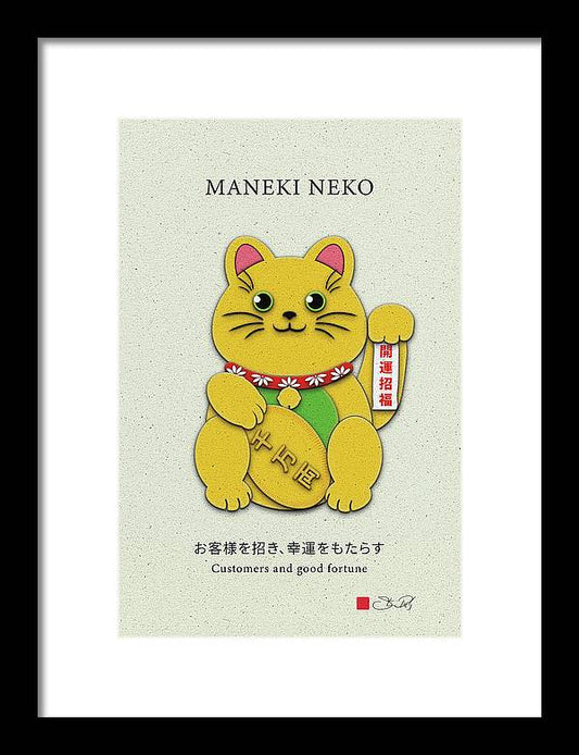 Gold Left Paw Maneki-Neko Attracting Customers and Opportunities - Framed Print