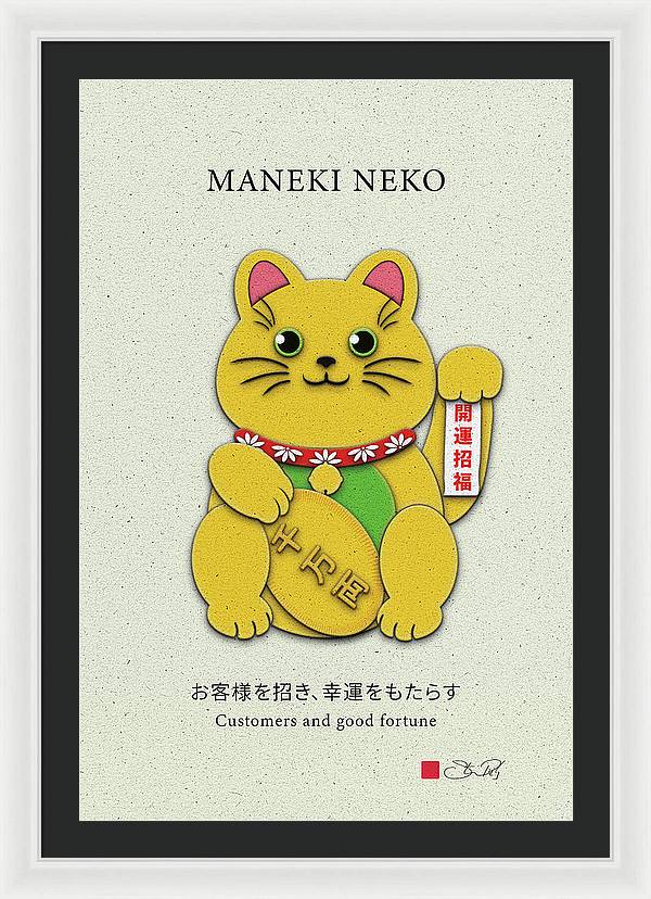 Gold Left Paw Maneki-Neko Attracting Customers and Opportunities - Framed Print