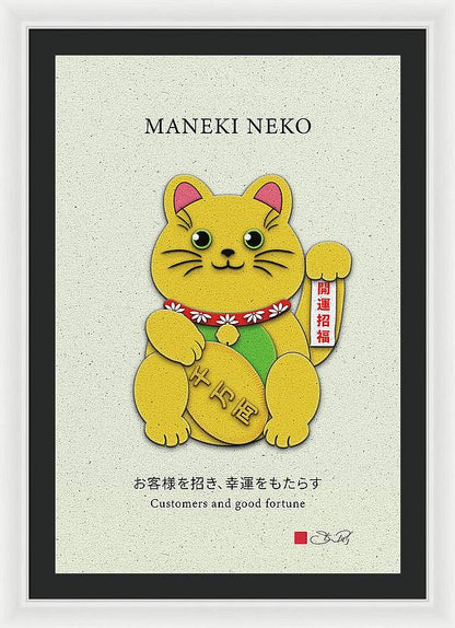 Gold Left Paw Maneki-Neko Attracting Customers and Opportunities - Framed Print