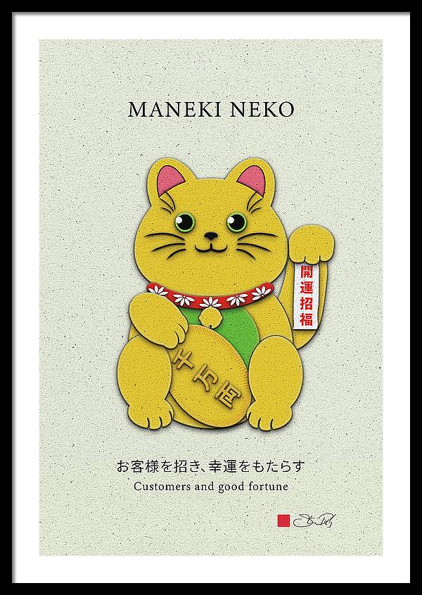 Gold Left Paw Maneki-Neko Attracting Customers and Opportunities - Framed Print