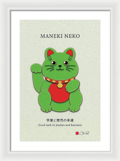 Green Maneki-Neko Promoting Growth and Success - Framed Print