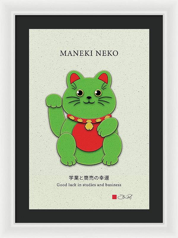 Green Maneki-Neko Promoting Growth and Success - Framed Print