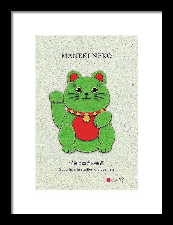 Green Maneki-Neko Promoting Growth and Success - Framed Print