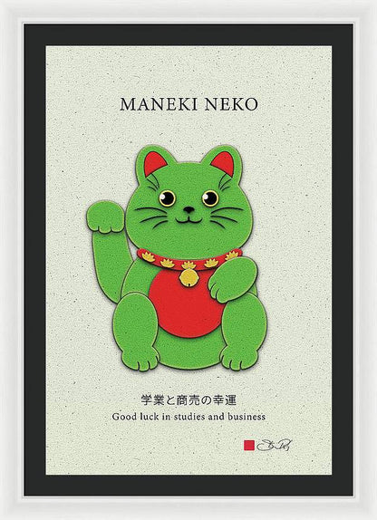 Green Maneki-Neko Promoting Growth and Success - Framed Print