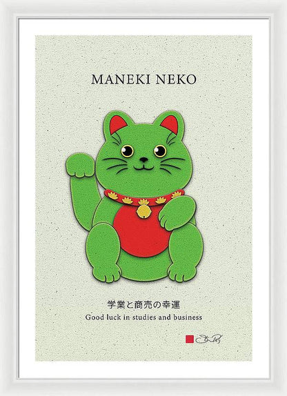 Green Maneki-Neko Promoting Growth and Success - Framed Print