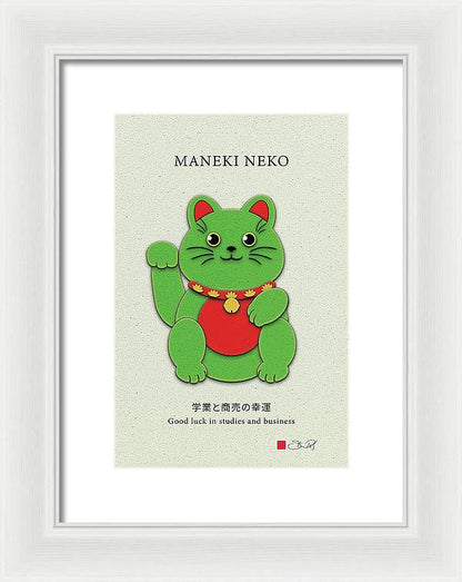 Green Maneki-Neko Promoting Growth and Success - Framed Print