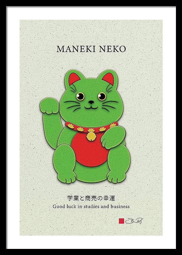 Green Maneki-Neko Promoting Growth and Success - Framed Print