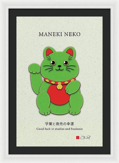 Green Maneki-Neko Promoting Growth and Success - Framed Print