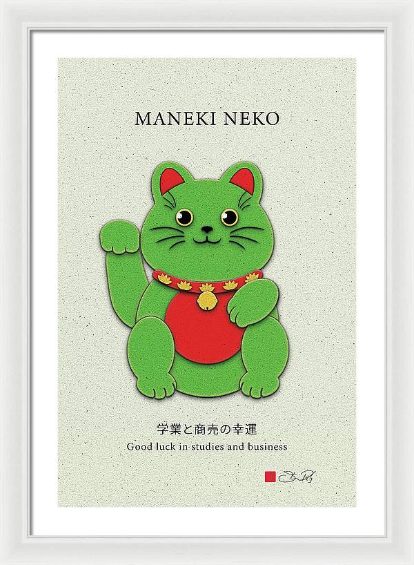 Green Maneki-Neko Promoting Growth and Success - Framed Print