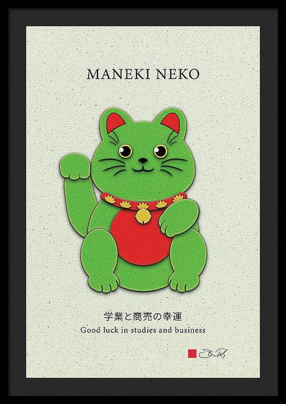 Green Maneki-Neko Promoting Growth and Success - Framed Print