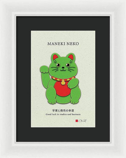 Green Maneki-Neko Promoting Growth and Success - Framed Print