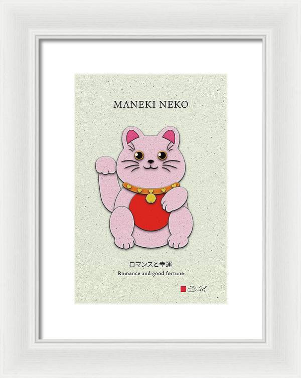 Pink Maneki-Neko Spreading Love and Romance - Framed Print