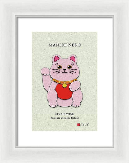 Pink Maneki-Neko Spreading Love and Romance - Framed Print