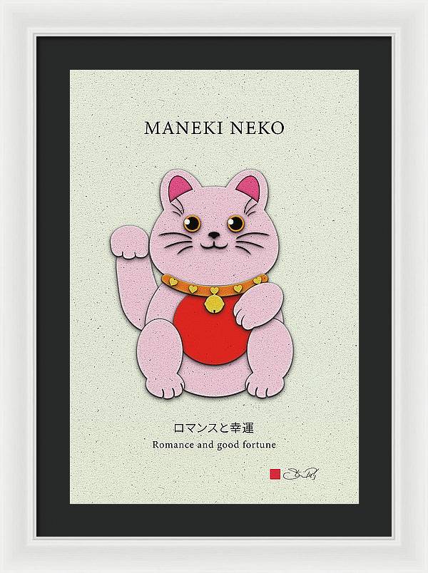 Pink Maneki-Neko Spreading Love and Romance - Framed Print