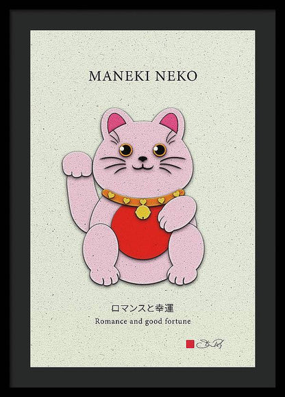 Pink Maneki-Neko Spreading Love and Romance - Framed Print