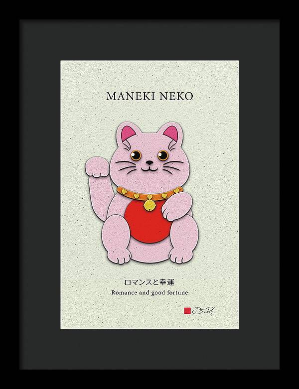 Pink Maneki-Neko Spreading Love and Romance - Framed Print