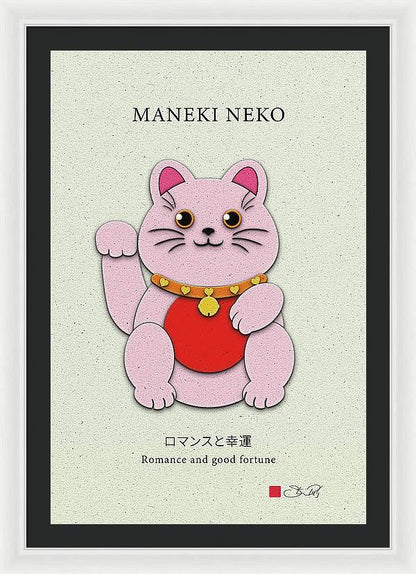 Pink Maneki-Neko Spreading Love and Romance - Framed Print