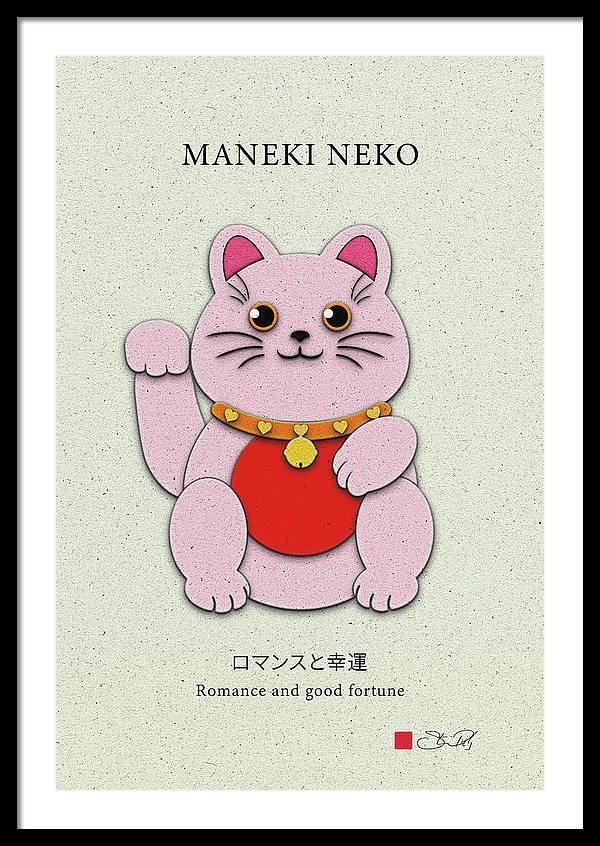 Pink Maneki-Neko Spreading Love and Romance - Framed Print