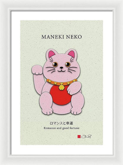 Pink Maneki-Neko Spreading Love and Romance - Framed Print