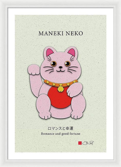 Pink Maneki-Neko Spreading Love and Romance - Framed Print