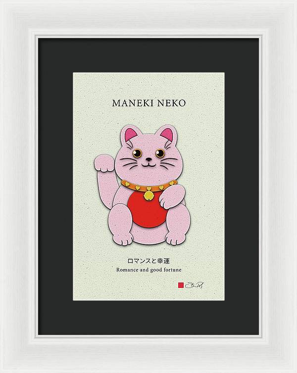 Pink Maneki-Neko Spreading Love and Romance - Framed Print