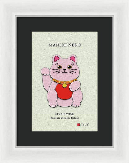 Pink Maneki-Neko Spreading Love and Romance - Framed Print