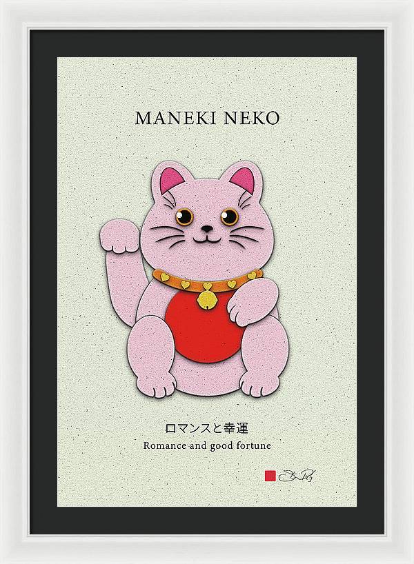 Pink Maneki-Neko Spreading Love and Romance - Framed Print