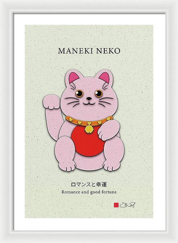 Pink Maneki-Neko Spreading Love and Romance - Framed Print