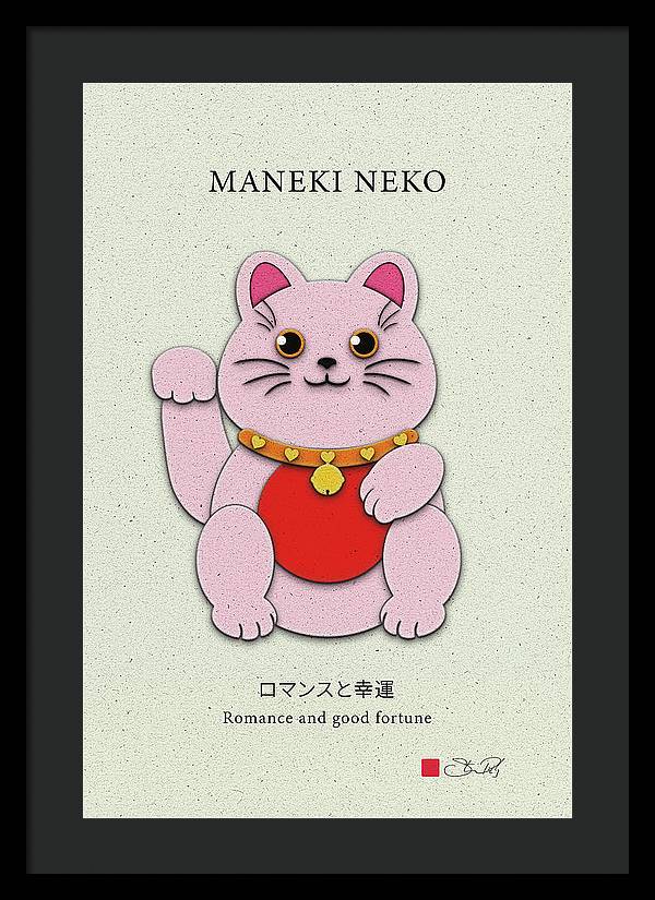 Pink Maneki-Neko Spreading Love and Romance - Framed Print