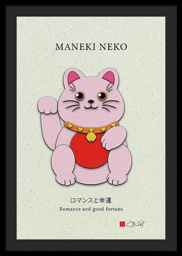 Pink Maneki-Neko Spreading Love and Romance - Framed Print