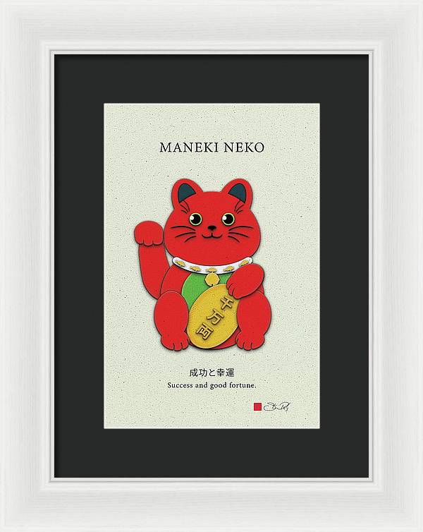 Red Maneki-Neko Attracting Success and Prosperity - Framed Print