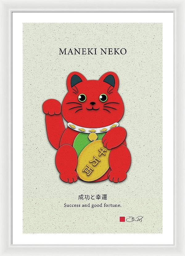 Red Maneki-Neko Attracting Success and Prosperity - Framed Print