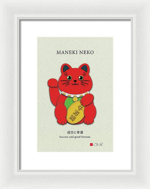 Red Maneki-Neko Attracting Success and Prosperity - Framed Print