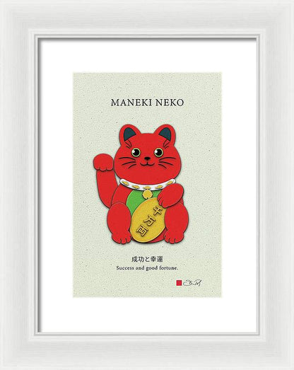 Red Maneki-Neko Attracting Success and Prosperity - Framed Print