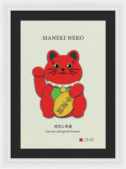 Red Maneki-Neko Attracting Success and Prosperity - Framed Print