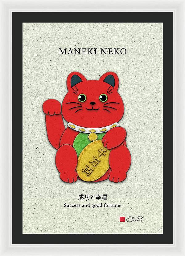 Red Maneki-Neko Attracting Success and Prosperity - Framed Print