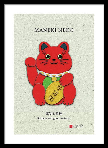 Red Maneki-Neko Attracting Success and Prosperity - Framed Print