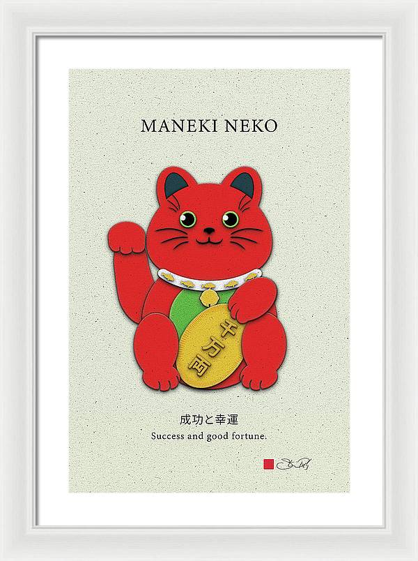 Red Maneki-Neko Attracting Success and Prosperity - Framed Print