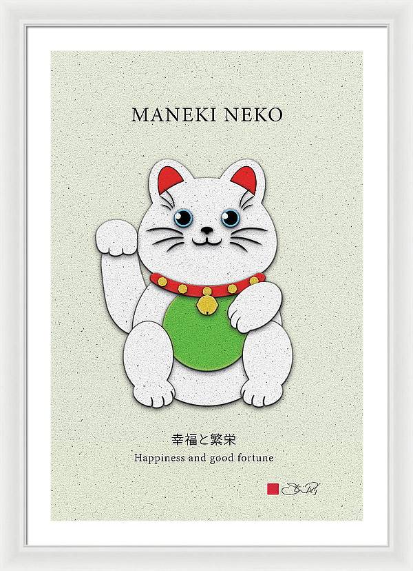 White Maneki-Neko Providing Purity and Happiness - Framed Print