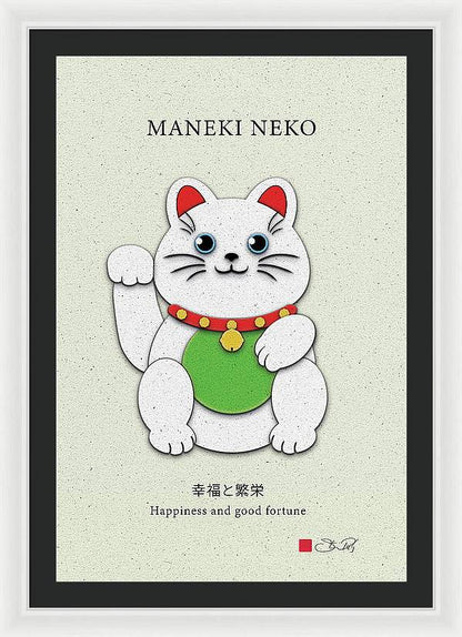 White Maneki-Neko Providing Purity and Happiness - Framed Print