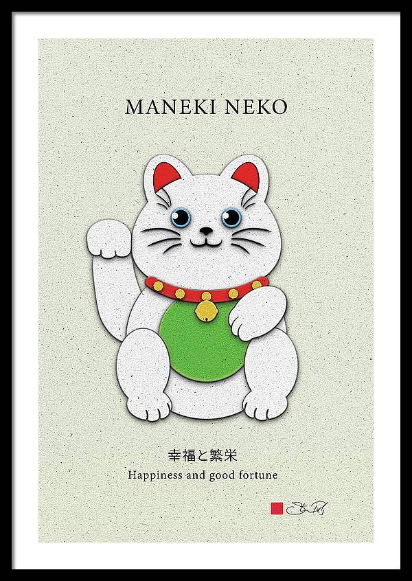 White Maneki-Neko Providing Purity and Happiness - Framed Print